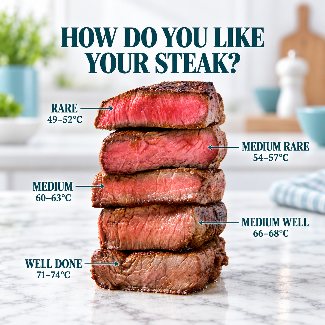 Five steak cuts from rare to well done with Celsius temperature labels, on white marble with teal accessories.