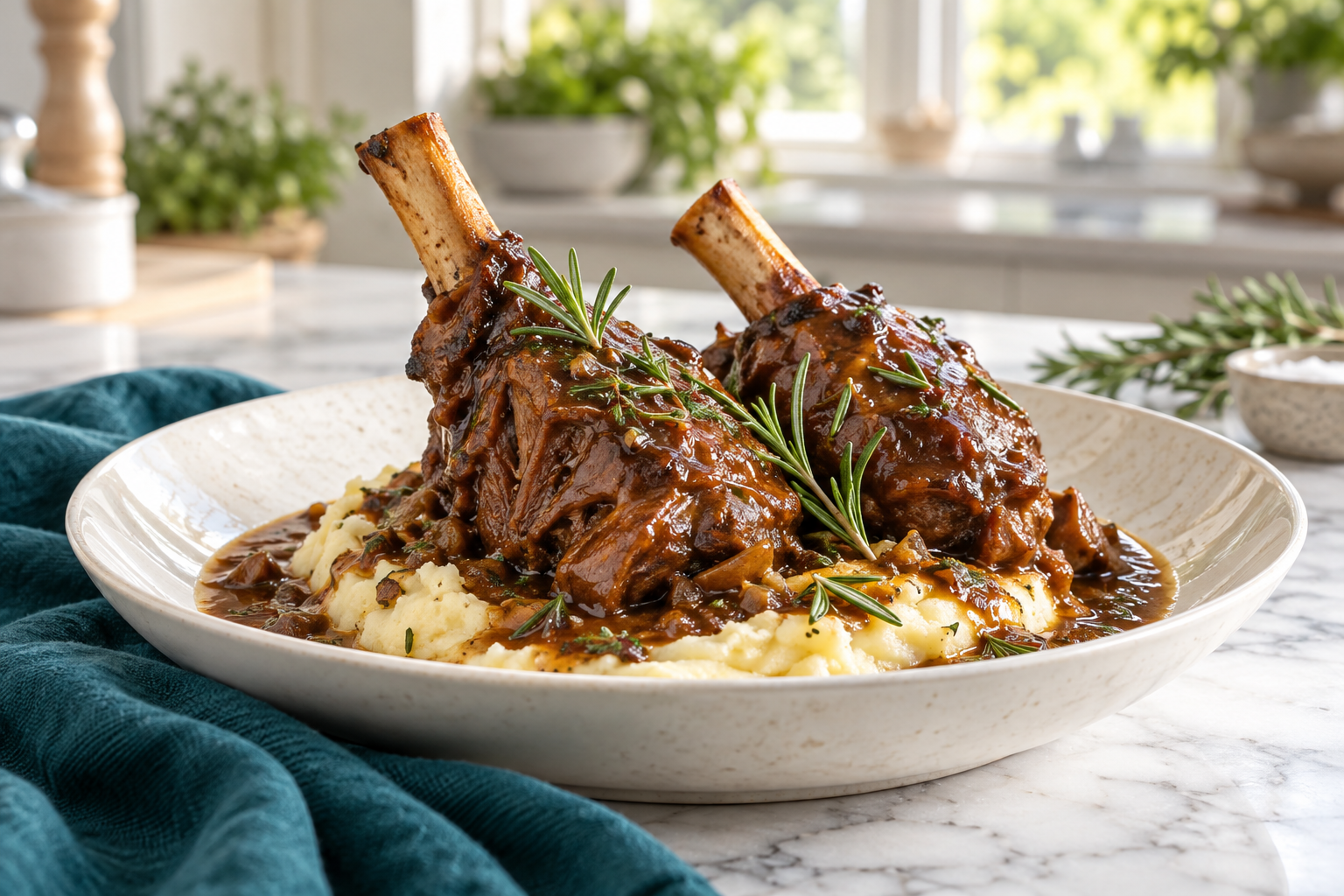 Two slow-cooked lamb shanks served over mash with rosemary gravy. Illustrative serving or preparation suggestion.