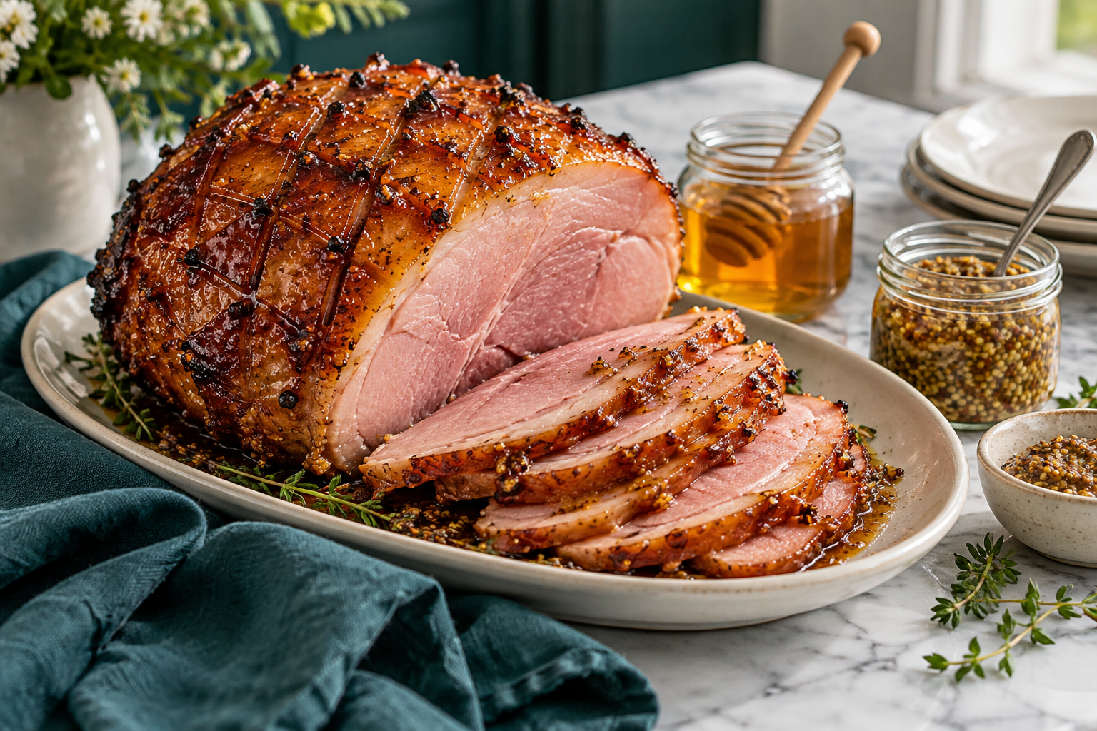 Honey and mustard glazed gammon with jars of honey and mustard. Illustrative serving or preparation suggestion.