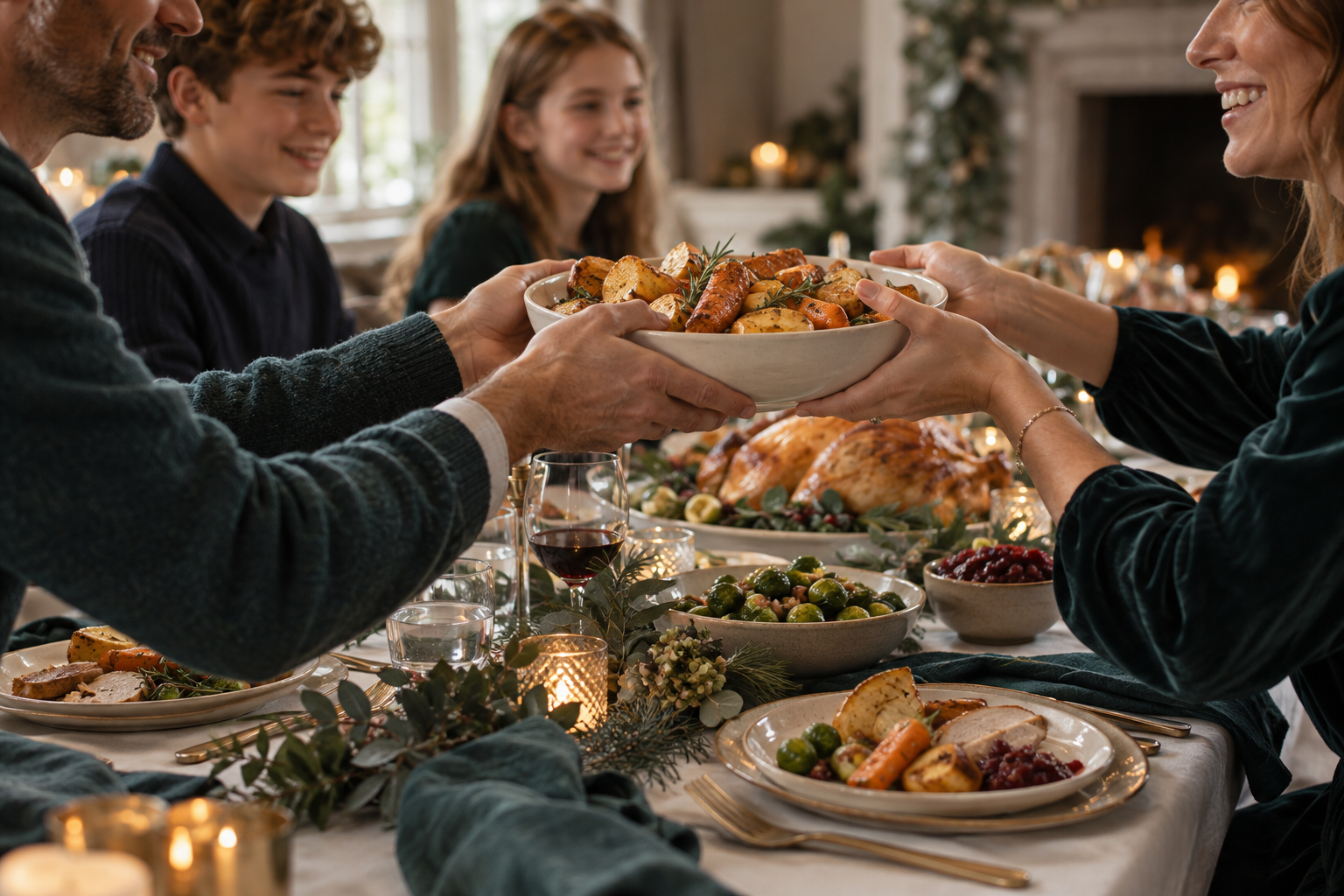 A family passing vegetables around the Christmas dinner table. Illustrative serving or preparation suggestion.