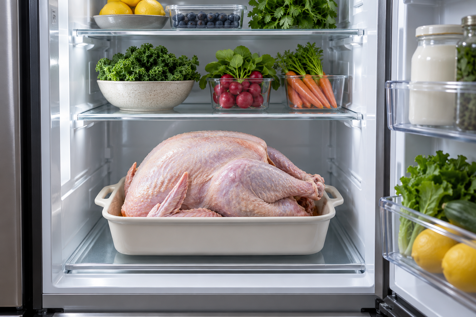 A covered raw turkey defrosting on the bottom shelf of a refrigerator. Illustrative serving or preparation suggestion.