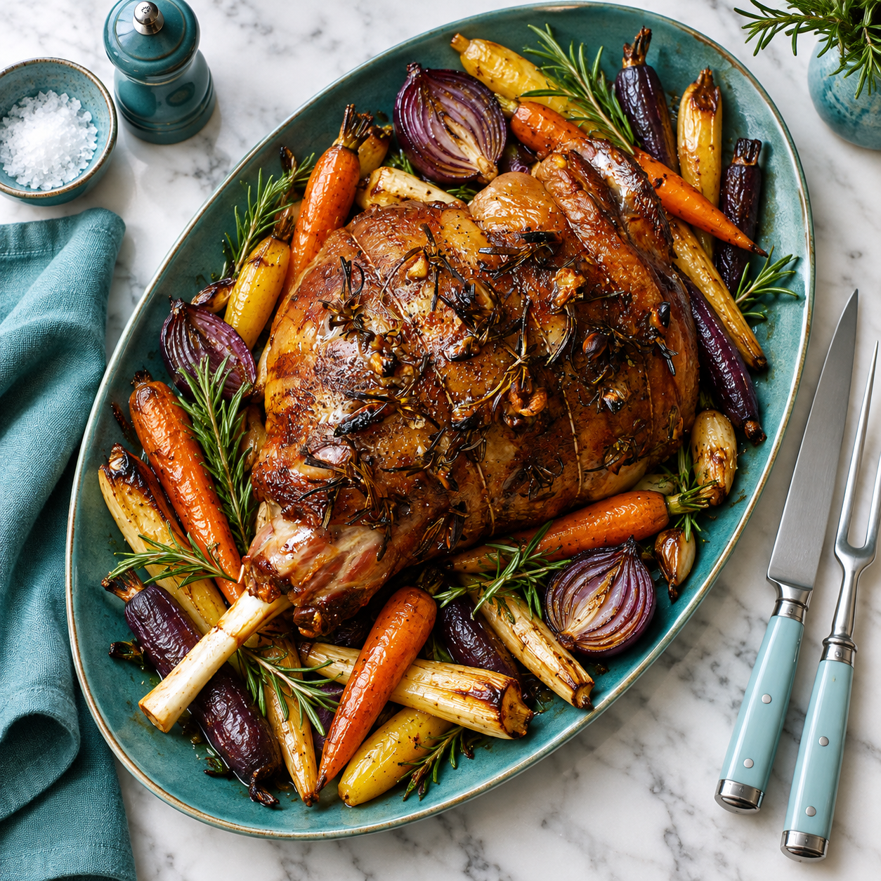 Roast leg of lamb on a teal platter with glazed carrots, roasted red onions and parsnips on white marble.