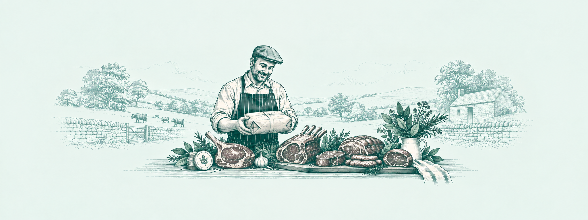 Hand-drawn Malpas Farm Shop butcher scene for the Malpas Rewards programme.
