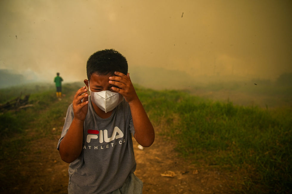 Isang batang lalaki ang nakatingin habang tumataas ang makapal na usok mula sa mga wildfire.