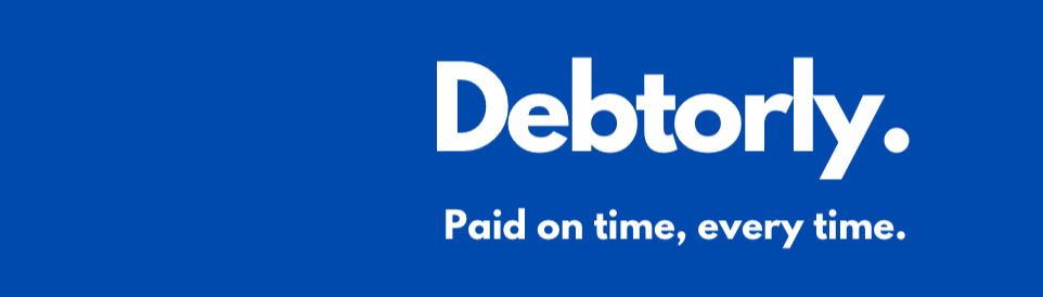 This images is of the Debtorly logo - it has Debtorly written in a white font, on a navy blue background.
