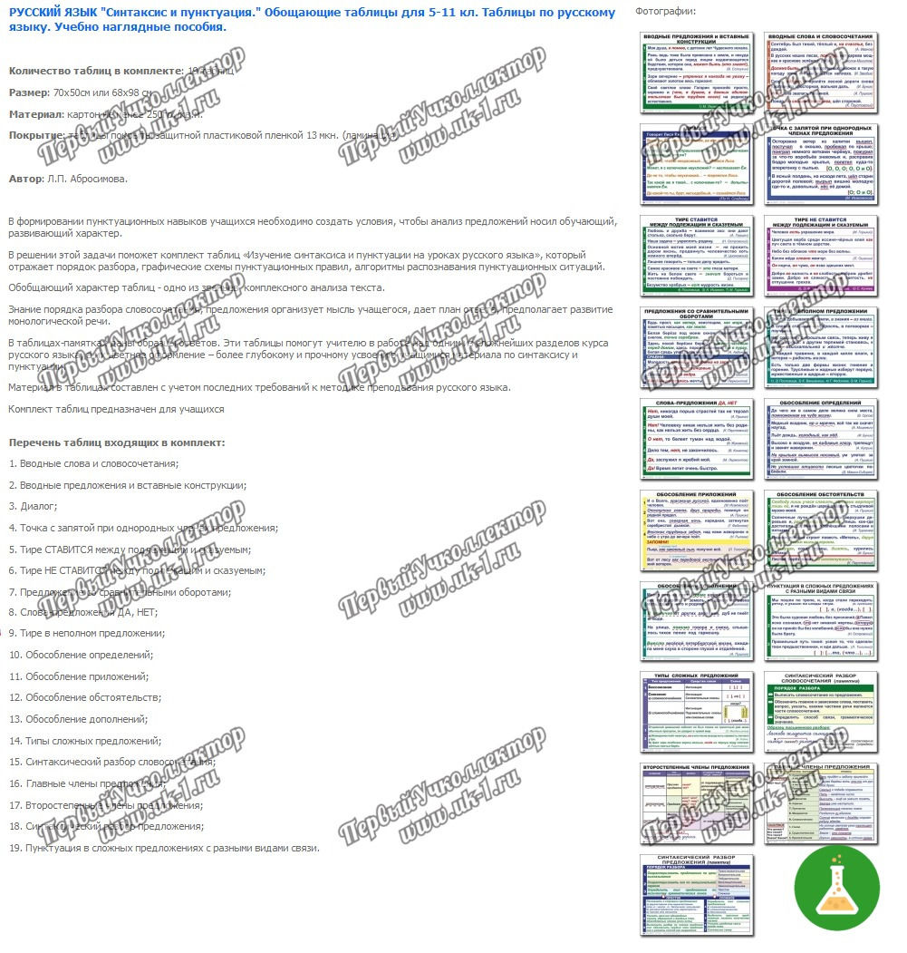 Таблицы по Русскому языку (синтаксис и пунктуация) 19 шт. 50*70 лам.