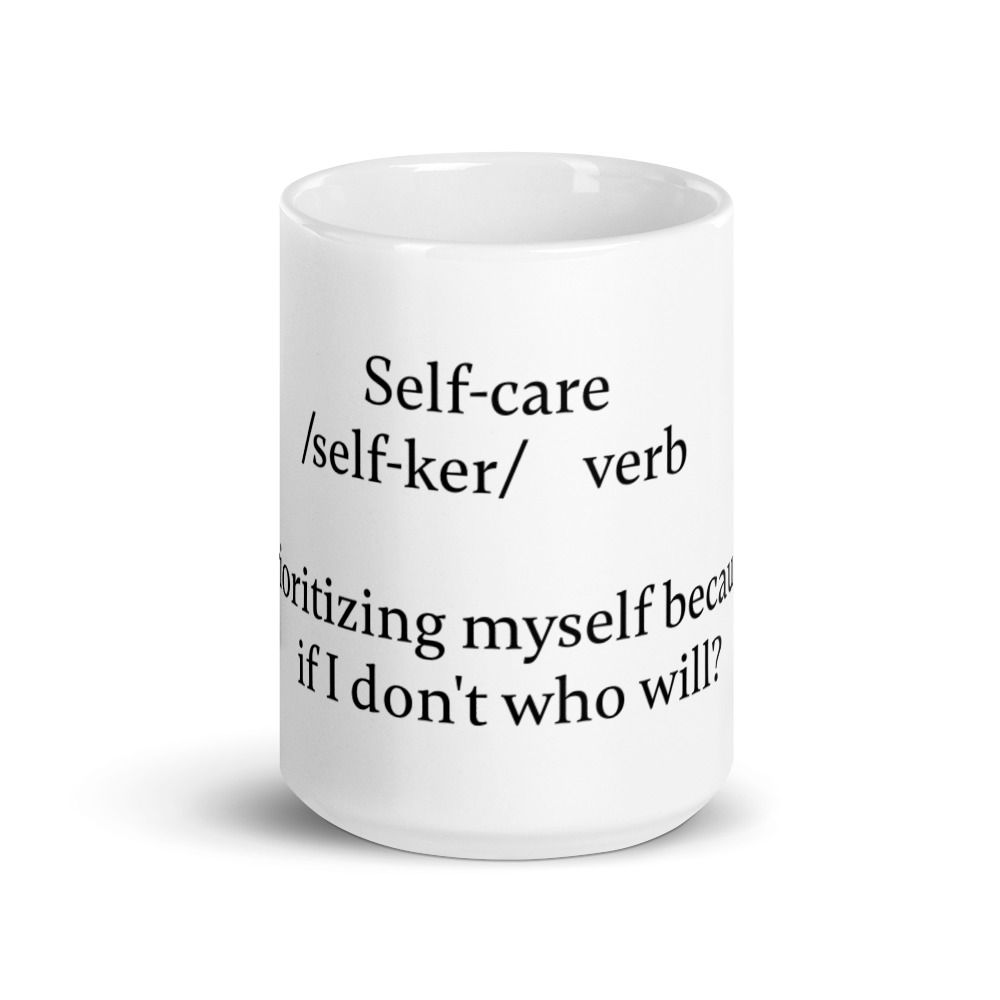White glossy self-care mug