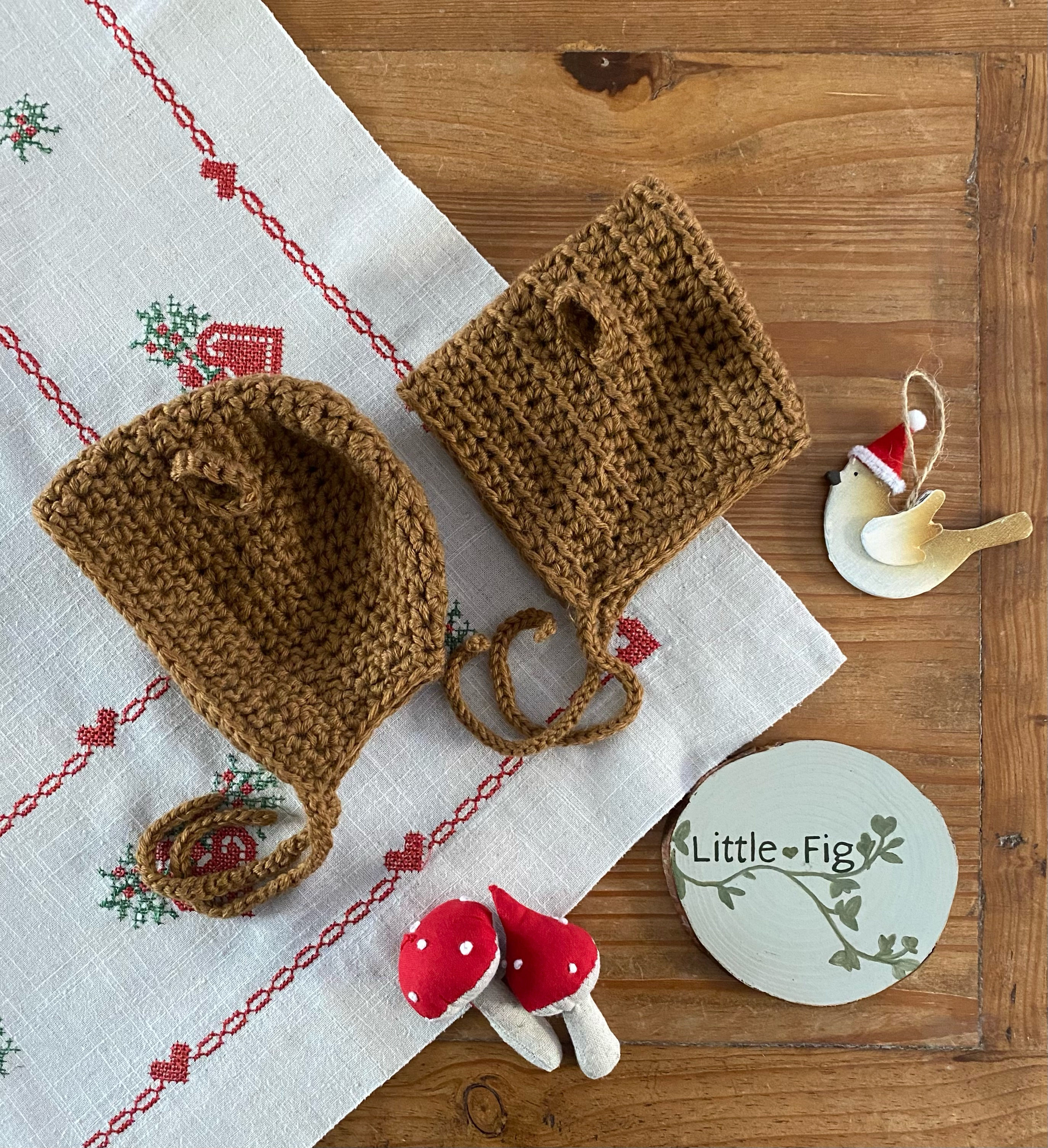 Handmade crochet brown teddy bear ear children's baby bonnet by Little Fig
