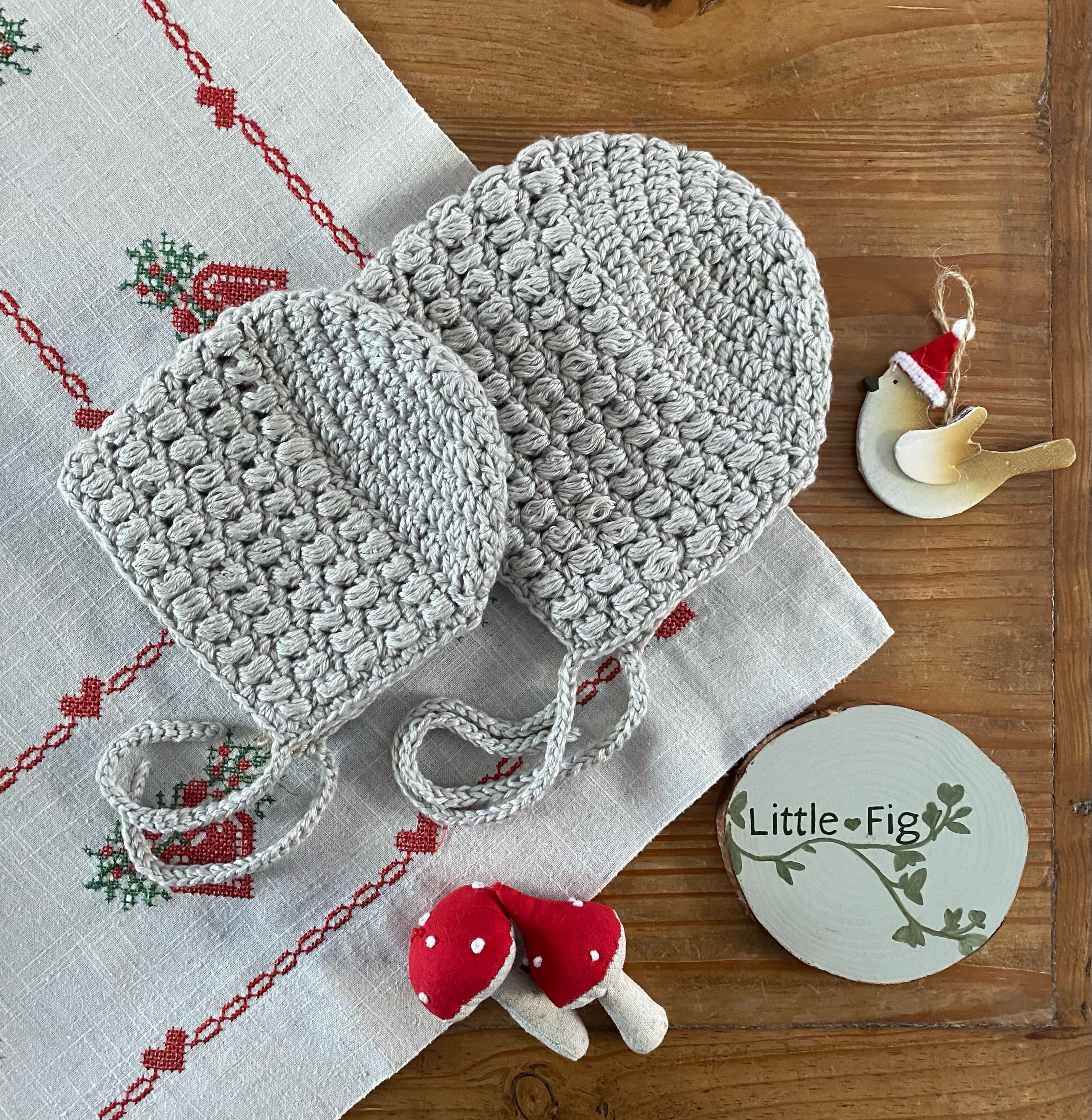 Handmade crochet silver grey traditional childrens baby bonnet by Little Fig