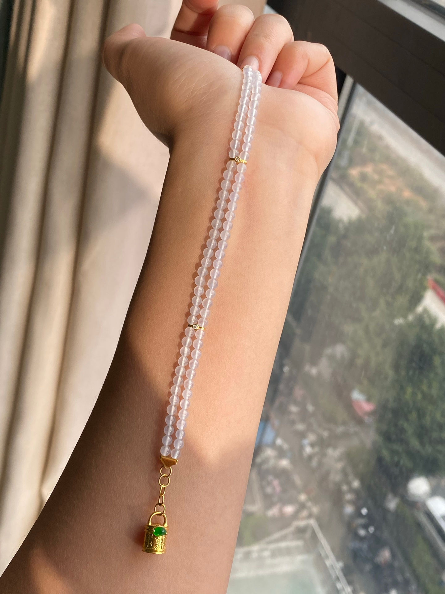 Lắc tay Chuỗi hạt kép ngọc Jadeite A vàng 18K