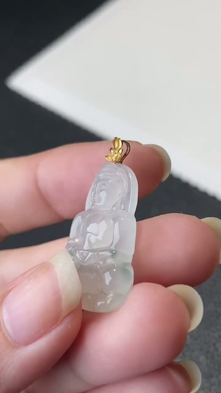 Hình thu nhỏ: Mặt dây chuyền Quan Âm ngọc Jadeite A vàng 18K