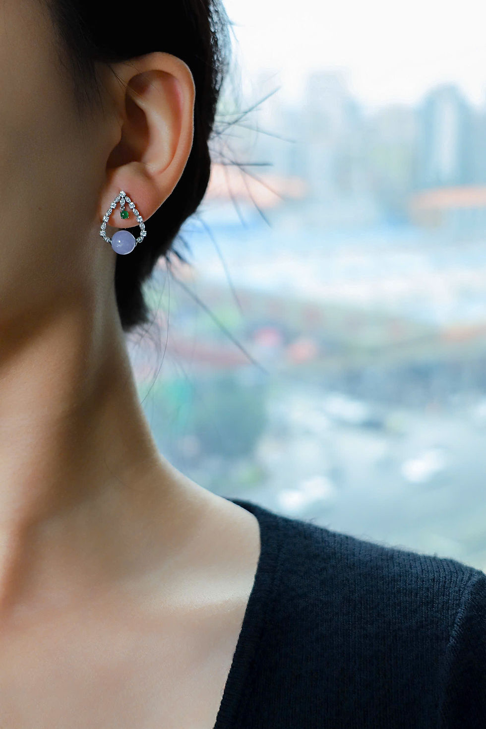 Hình thu nhỏ: Bông tai Trân châu ngọc Jadeite A vàng 18K