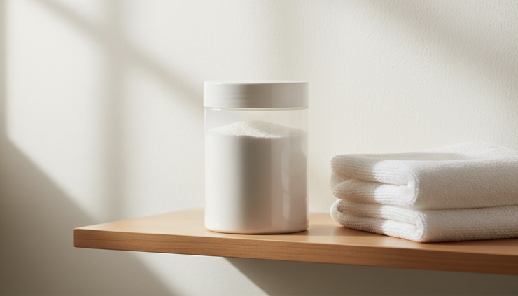 Close-up view of a plain white powder container on a bathroom shelf