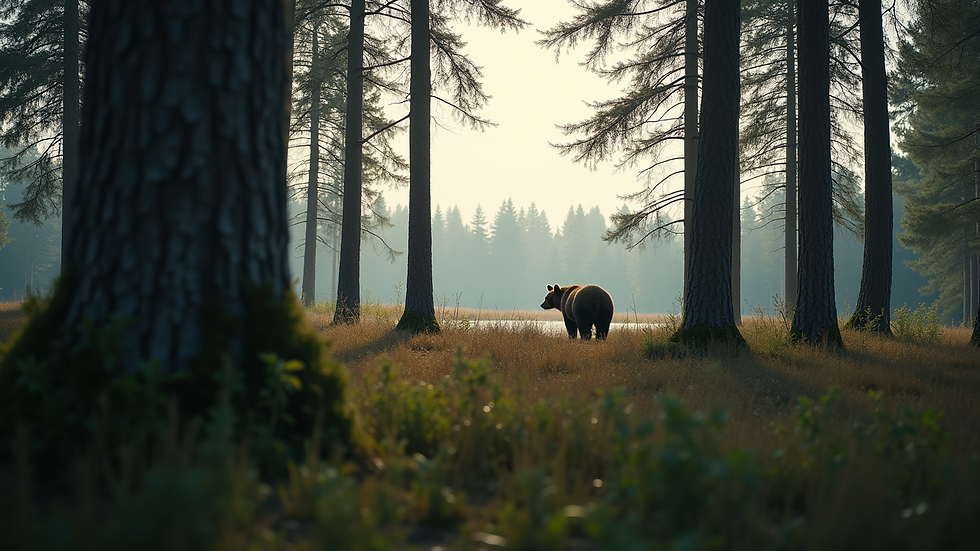 Eye-level view of a serene forest landscape with a bear silhouette in the distance