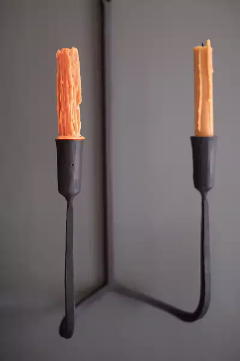 Thumbnail: Set of Two Forged Iron Double Taper Wall Sconce