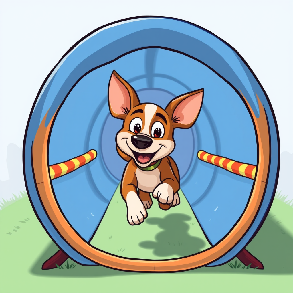 cartoon dog running through a tunnel advertising callander K9 Hoopers