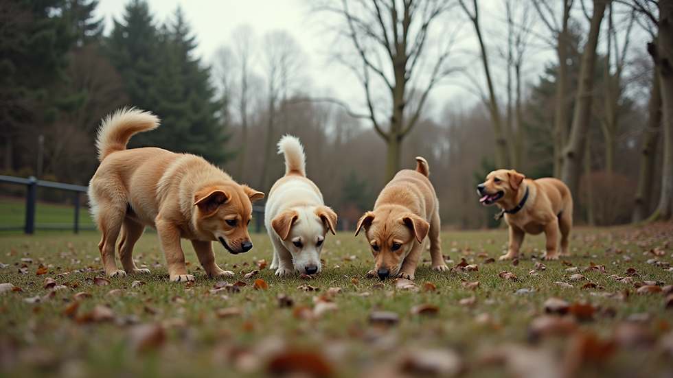 Wide angle view of a secure dog playground in Callander with dogs exploring and sniffing around