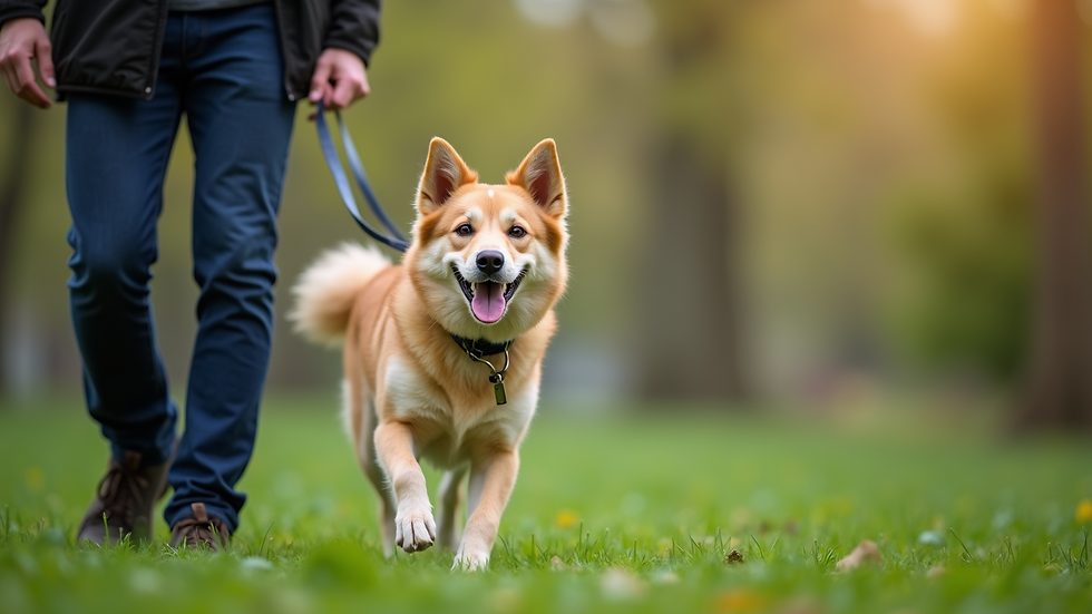 Eye-level view of a dog trainer guiding a happy dog in a green park
