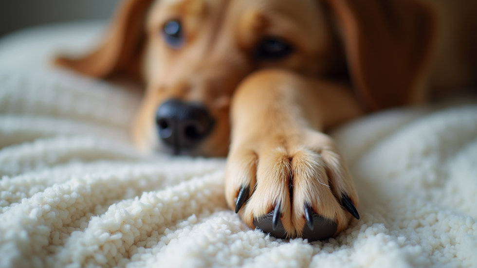 Close-up view of a dog’s paw resting on a soft blanket