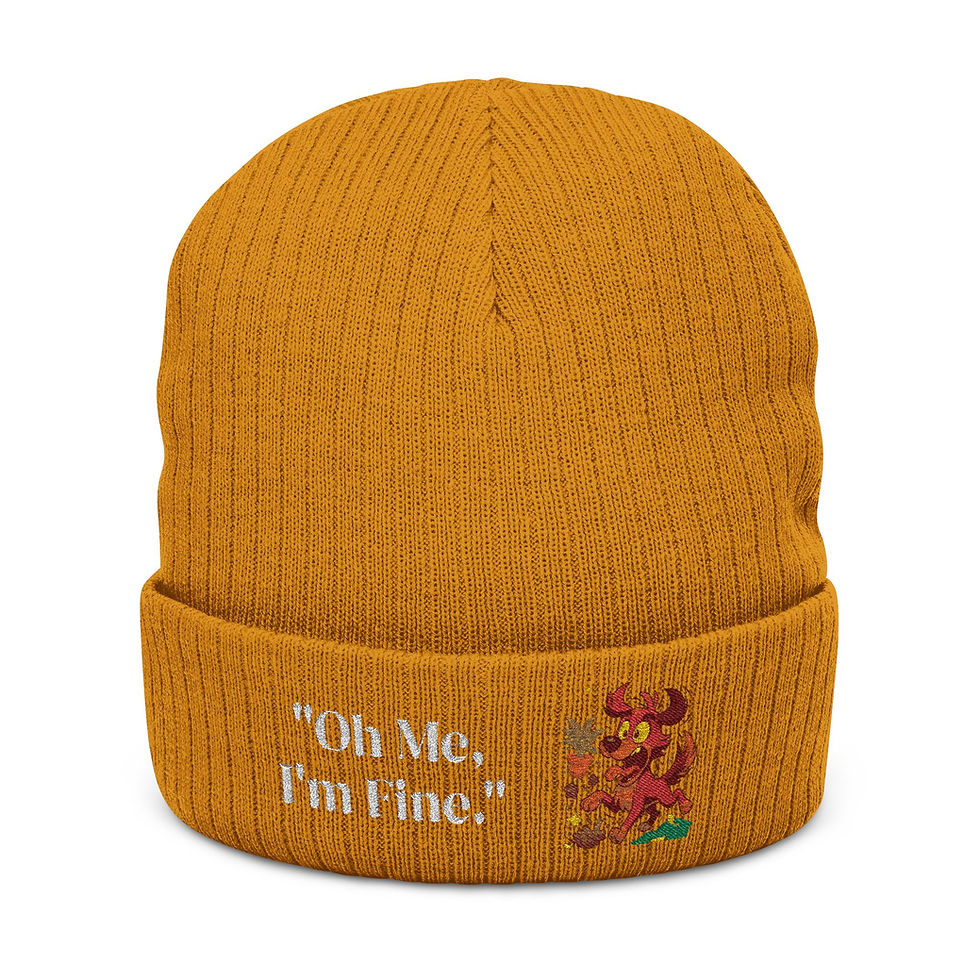 Thumbnail: Embroidered Ribbed Beanie — "Oh Me, I'm Fine." Floral Fire Patch