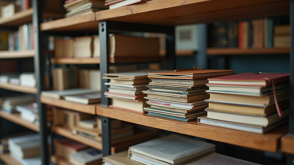 Eye-level view of shelves with assorted notebooks and writing tools