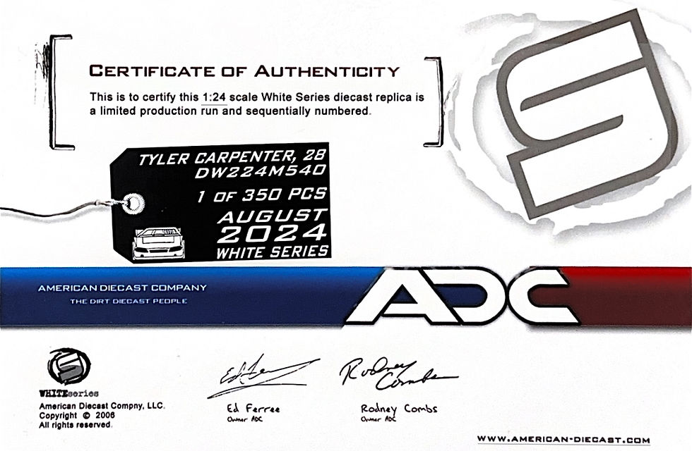 Thumbnail: ADC, American Diecast, 2024, Tyler Carpenter 28. DW224M540,DW624M540 1:24, 1:64 scale. CoA card. DirtMan Diecast