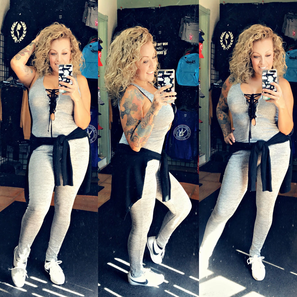 Gray/black body suit 