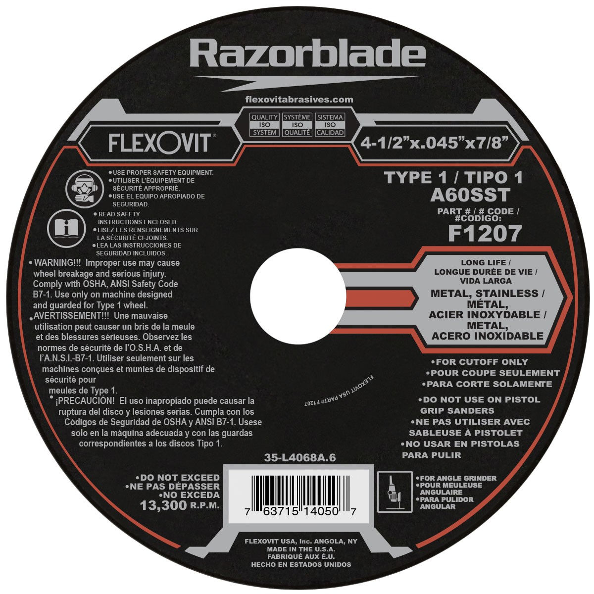 Cutoff Wheel – Razorblade – 4-1/2 x .045 x 7/8 - Type 1