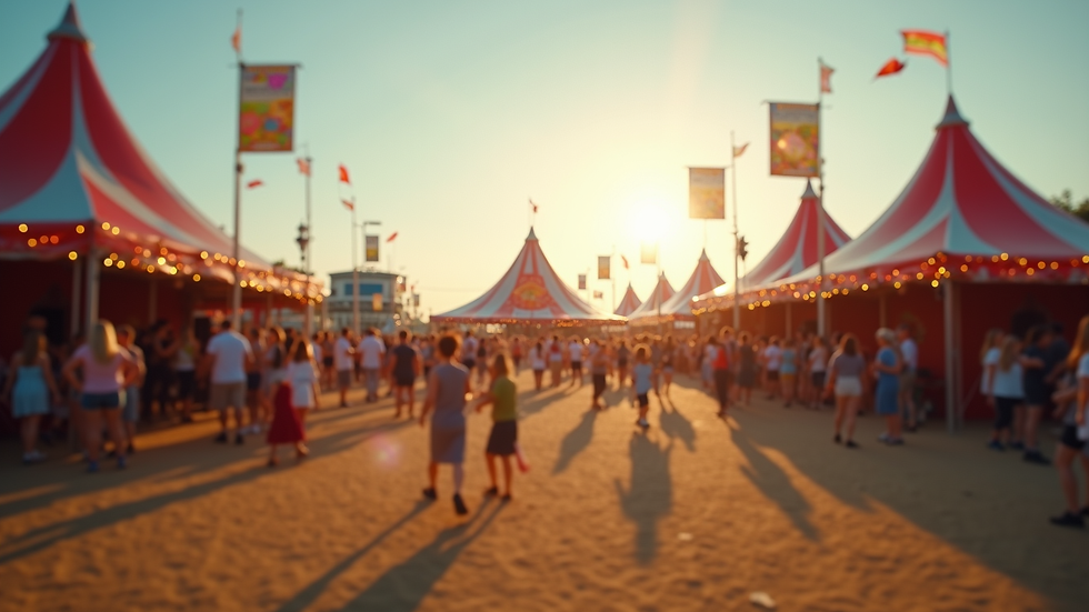 Eye-level view of a vibrant outdoor festival setup