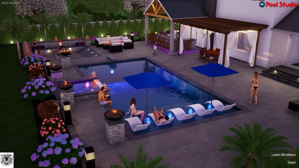 A 3D rendering of an inground pool, patio and overhang.