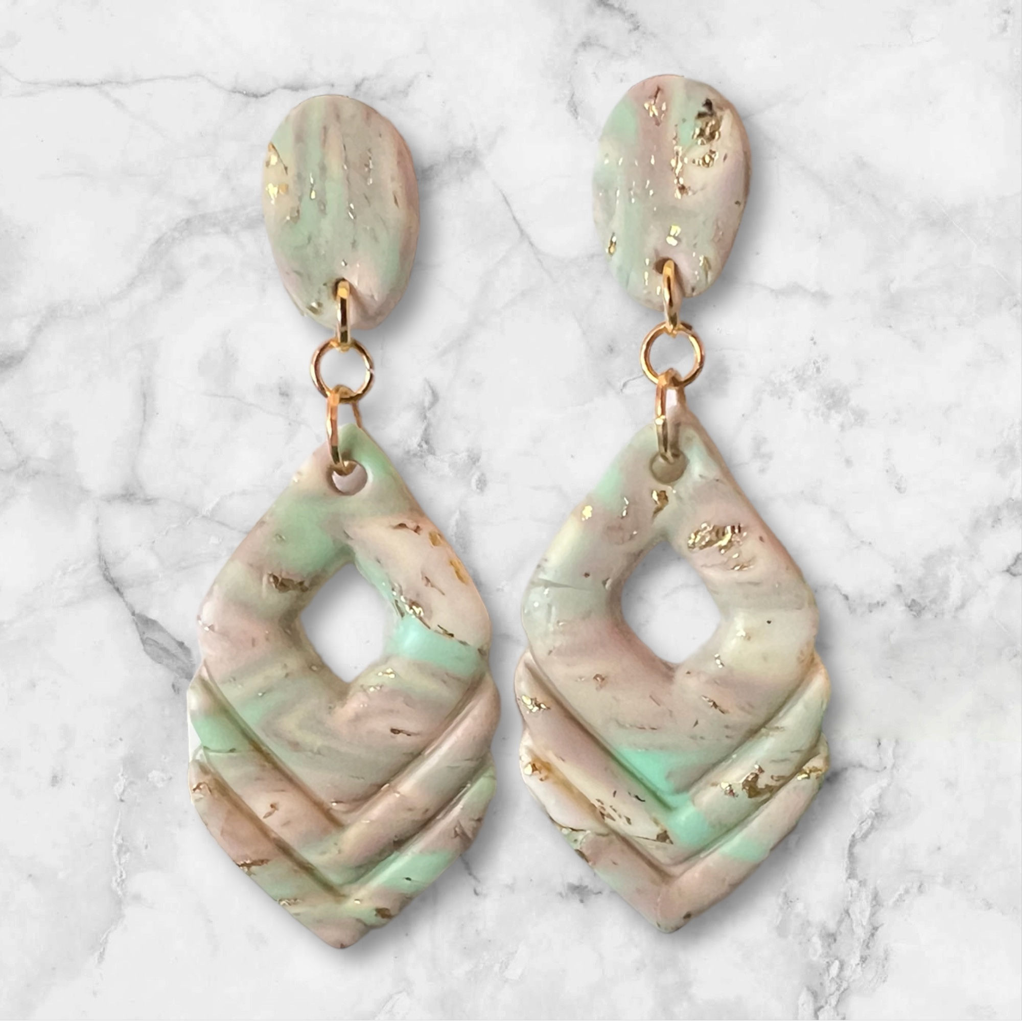 Green, gold and beige, triple diamond earrings