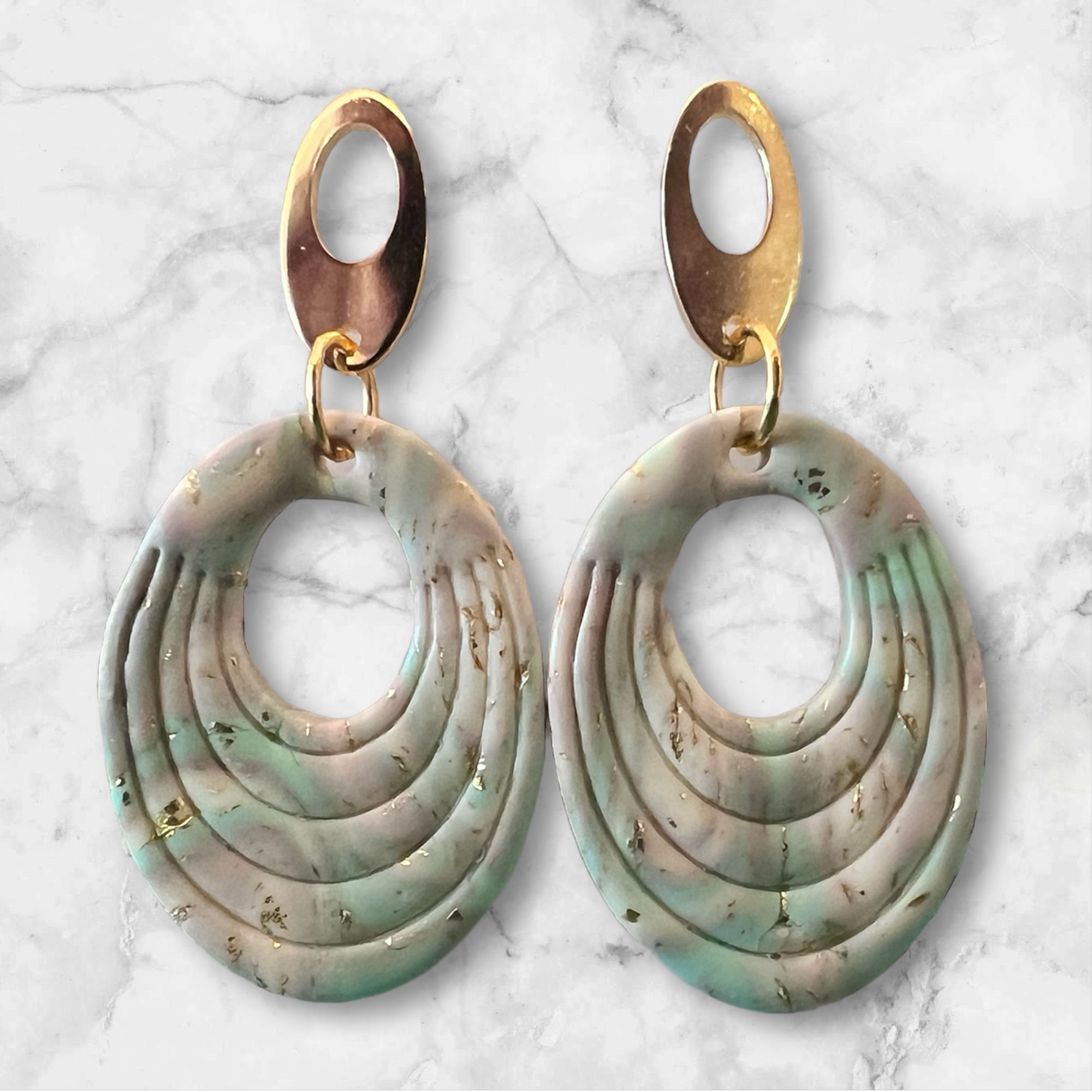 Green, beige and gold hoop earrings