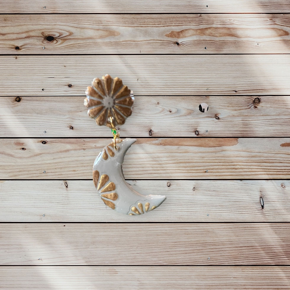 Thumbnail: Gold and khaki moon and flowers earrings