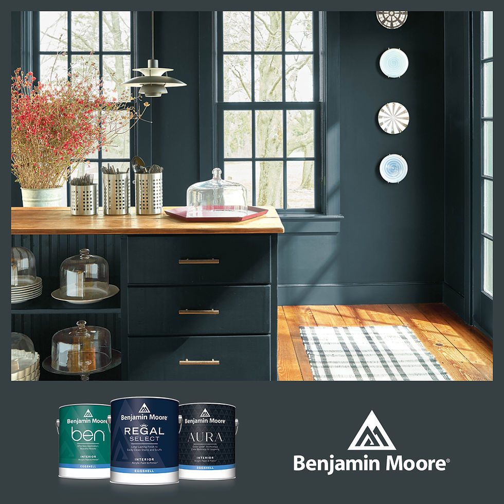 Kitchen with dark blue cabinets