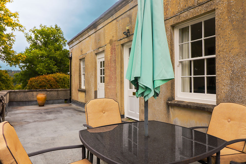 A gorgeous patio, with view of grounds