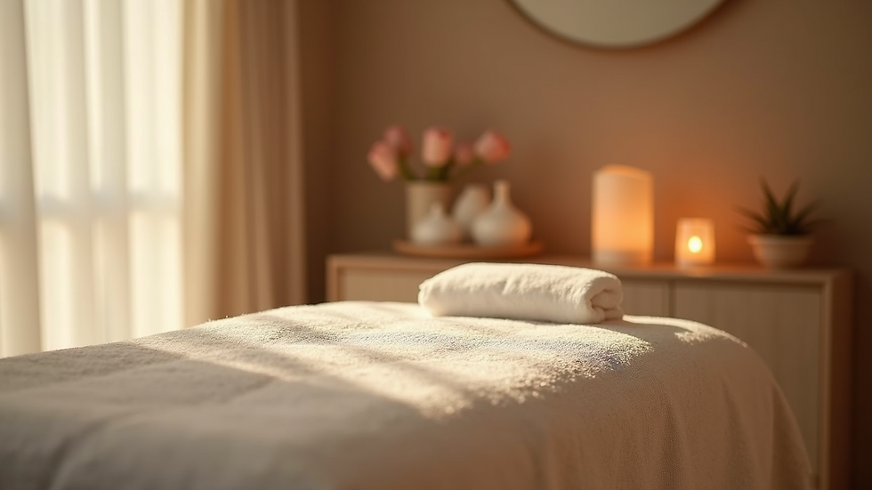 Close-up view of a tranquil massage room with soft lighting and calming decor