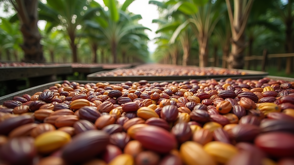 High angle view of cocoa beans drying on raised beds in a tropical farm