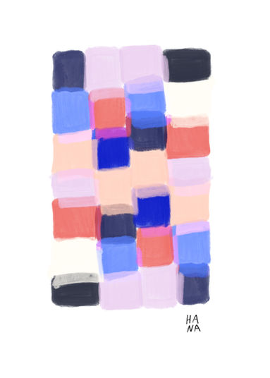This abstract artwork features a vibrant grid of overlapping color blocks in pastel tones, creating a harmonious yet dynamic composition. It exudes a modern and playful aesthetic.Blue Tones and red squares.