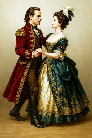 Paar tanzt: Mann als Cäsar, Frau in goldenem Rokoko-Kleid mit Federschmuck.