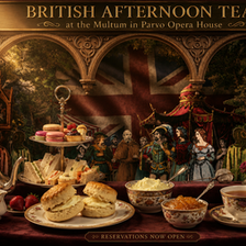 Das Bild zeigt eine reich gedeckte Tafel für einen britischen Nachmittagstee vor dem Hintergrund einer stilisierten Darstellung einer Opernaufführung mit einer angedeuteten britischen Flagge.