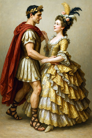 Paar tanzt: Mann als Cäsar, Frau in goldenem Rokoko-Kleid mit Federschmuck.