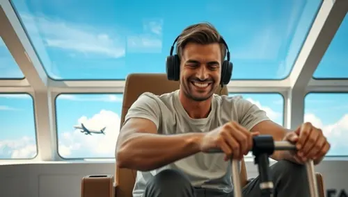 Hombre joven imaginando pilotear un avión