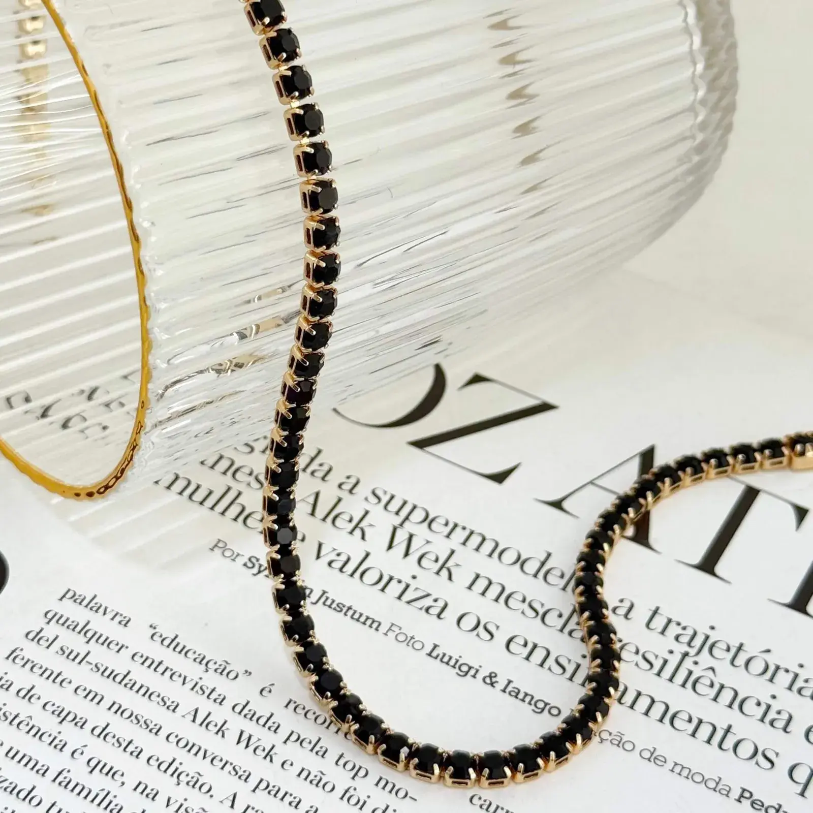 Colar Choker Riviera Pedras cravejadas Preto Folheada