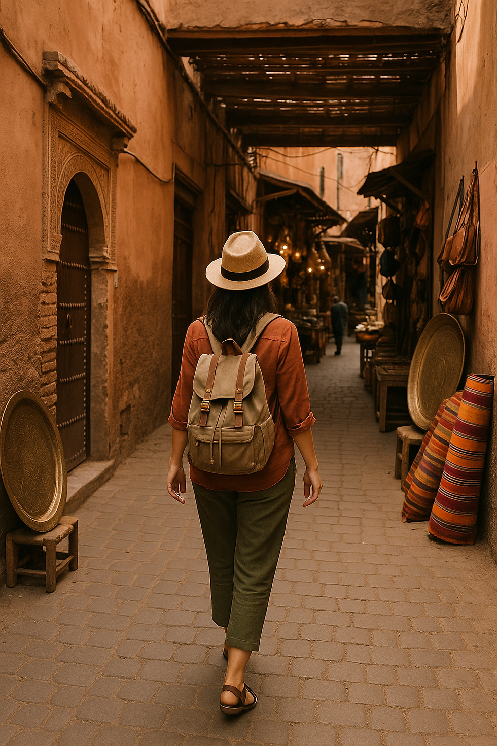 Donna che viaggia sola mentre cammina in un vicolo della Medina di Marrakech, con zaino e cappello, tra negozi tradizionali e colori marocchini, immagine realistica ideale per articolo sulla sicurezza a Marrakech per donne che viaggiano da sole.
