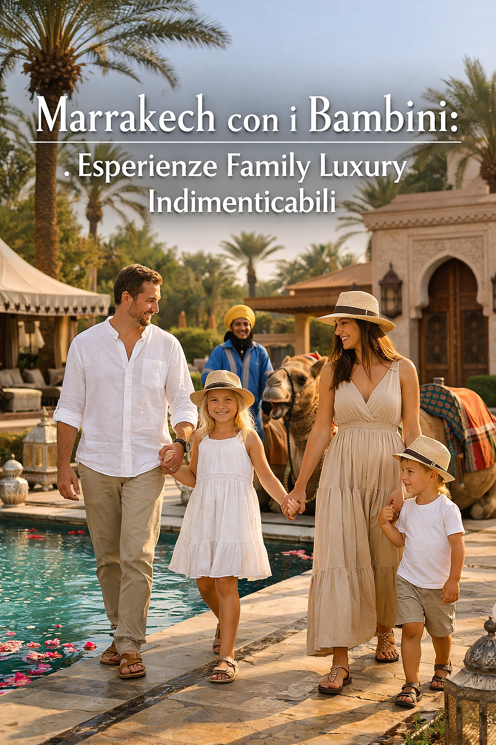 Famiglia con bambini in riad di lusso a Marrakech con piscina, cammelli e architettura marocchina, esperienza family luxury esclusiva in Marocco