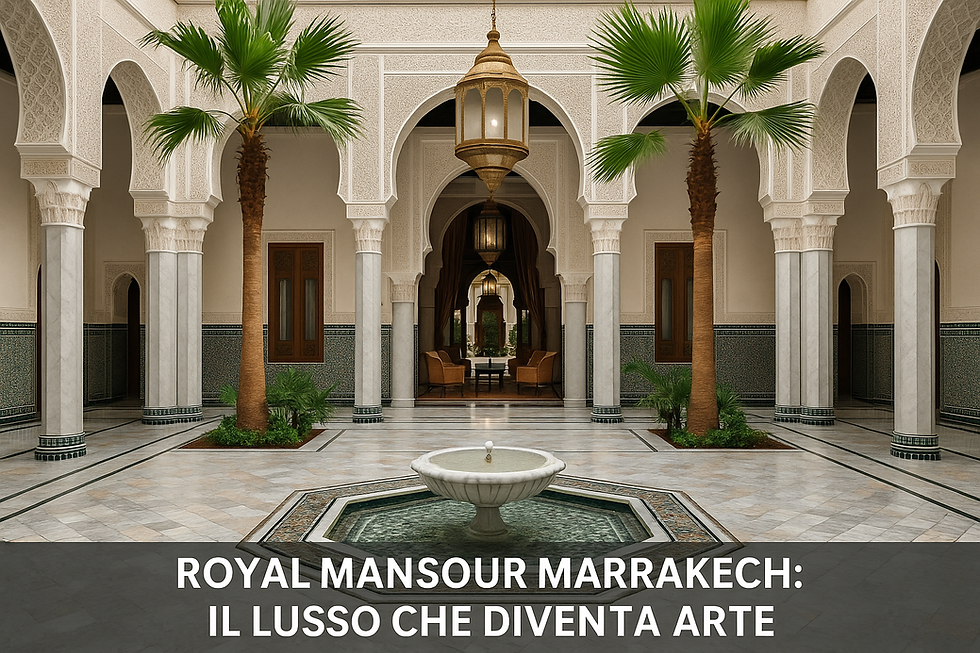 Cortile del Royal Mansour Marrakech con fontana centrale, palme e architettura marocchina di lusso nel cuore della Medina.