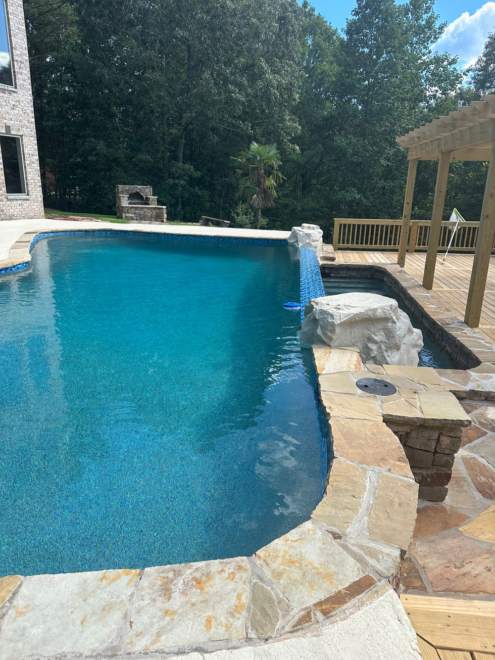 a large swimming pool with a large rock in the middle
