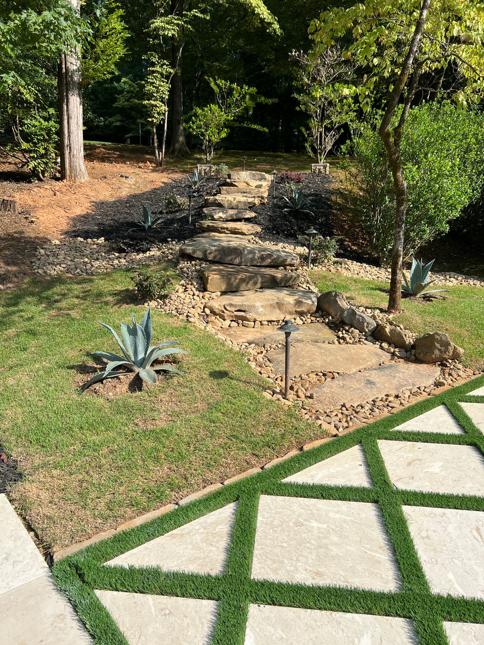 a lawn with a few plants and a stone walkway