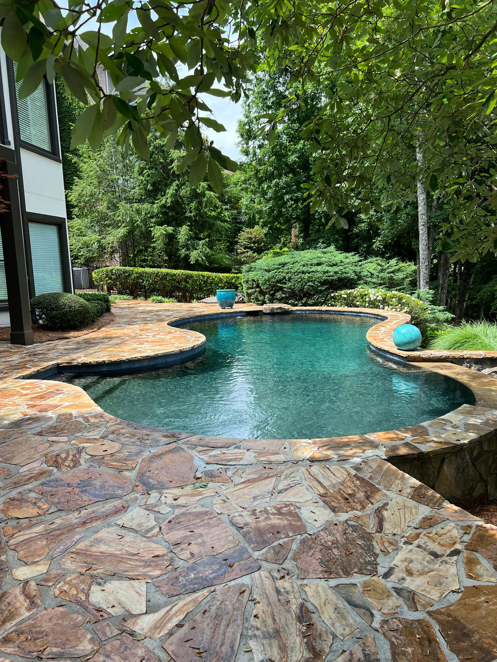 a large swimming pool is surrounded by trees and a stone walkway