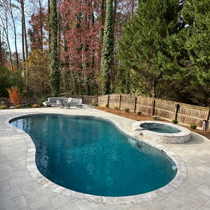 a large swimming pool surrounded by trees and a wooden fence